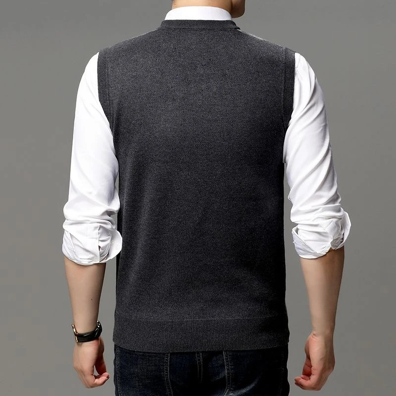 Suéter de punto grueso y cálido con cuello en V para hombre, chaleco sin mangas, prendas de vestir exteriores de otoño e invierno con chalecos básicos de Color sólido de lana para hombre