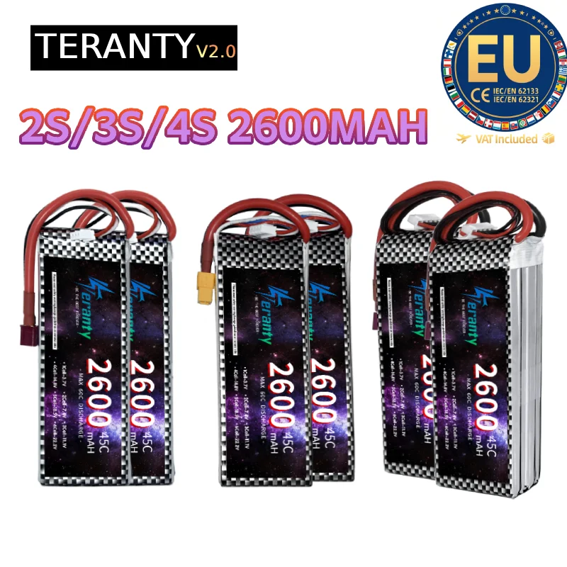 2 Stück TERANTY V2.0 2S 3S 4S 2600mAh RC LiPo Akku 7.4V 11.1V 14.8V Lipo Akku für RC Flugzeug Hubschrauber Drohne Auto