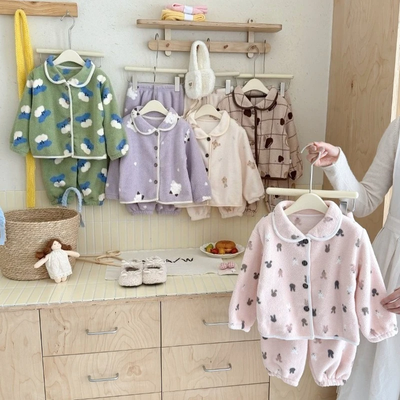 

Children's Clothing Sets Boys Fleece Suit Girls Cartoon Thickened Outfits Winter Warm Pyjama Trousers 2Pcs Kids Autumn Homewear