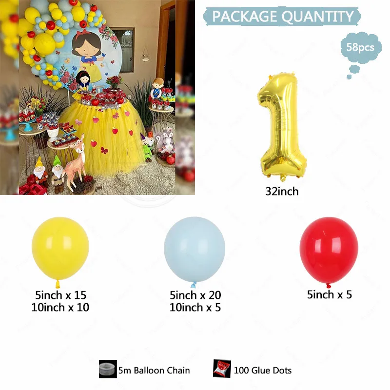 58PC Snow White Balloon Set Disney Red and Yellow 32Digital Wedding bambini Shower Birthday Party Decoration Photography puntelli