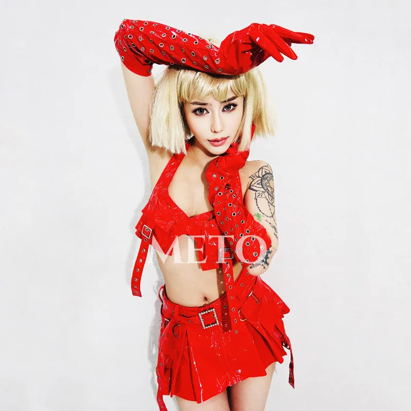 ملهى ليلي مثير جوجو أداء الرقص الملابس الأحمر الليزر قفازات جلدية تنورة صغيرة الزي الإناث مجموعة المرحلة سحب الملكة زي