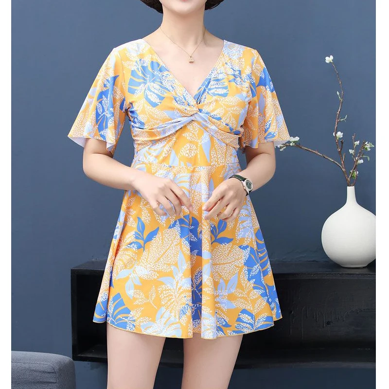 Women Elegant Fashion Floral Print Two Piece Swimsuit Summer V Neck Short Sleeve Push Up Beach Mini Dress Swimwear Bathing Suits