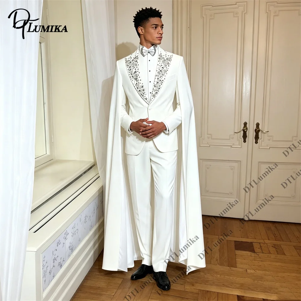 DTLumika Prince Two Piece Formal Wedding Tuxedo for Men, Jacket with Cape, Beaded Sequined Lapel Prom Suit Set with Pants