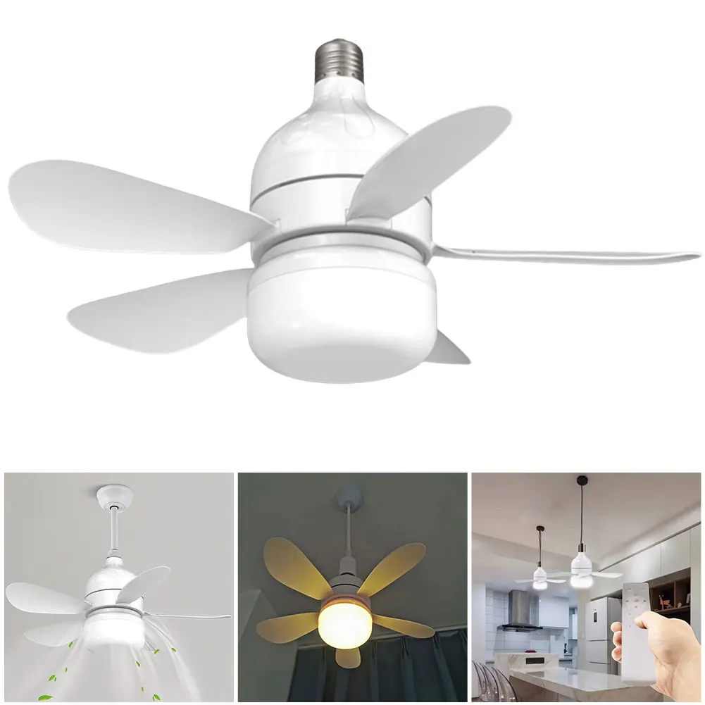 Socket Fan Lamp E27 Base Wireless Remote Control LED Bulb Ceiling Fan Small Ceiling Fan for Bedroom Living Room Kitchen Balcony