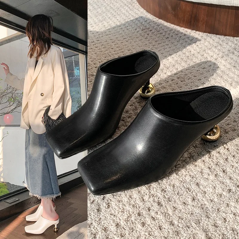 

2025 Women's New Spring/Summer Square Toe Genuine Baotou High Heel Large Muller Half Slippers Heels Women