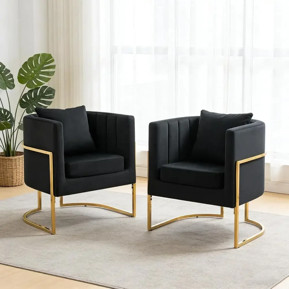 

Mid-Century Style Upholstered Barrel Chairs Set of 2, Black Accent Chairs with Gold Legs for Living Room or Bedroom