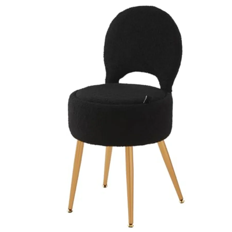 

Small Vanity Stool Chair with Storage and Folding Back, 4 Metal Legs with Anti-Slip Feet, Round Ottoman with Velvet Seat, Furry