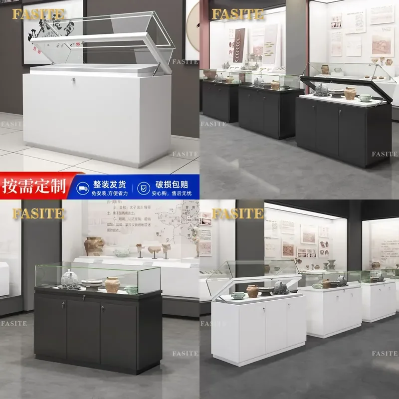 For Solid Wood Painted Glass Display Cabinet with Lamp Museum Cosmetics Sample Product Showcase Storage Furniture Home Shop