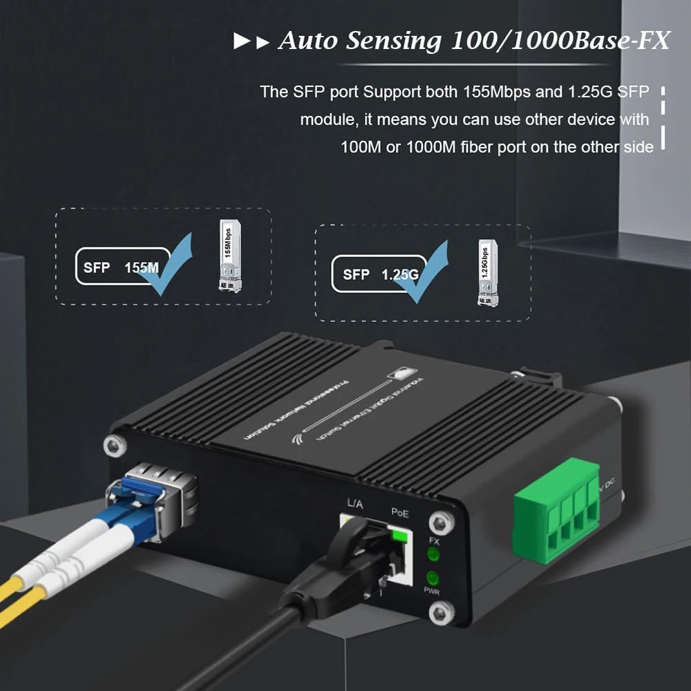 Industrial Grade Gigabit 30W PoE Media Converter with 100/1000M SFP Port 12-48V DC Input DIN-Rail & Wall Mount