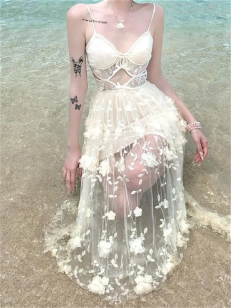 Abito lungo sexy con scollo a V scavato, per le vacanze estive, con spalline in pizzo, abito lungo con ricamo floreale, spiaggia, fata al mare, abito con bretelle a linea