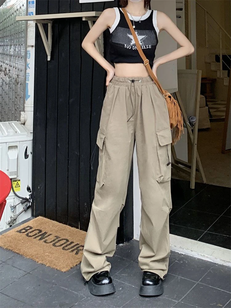 

Jmprs Streetwear Women Cargo Pants High Waist Drawstring Fashion Y2K Pockets Trousers Causal American Style Female Pants