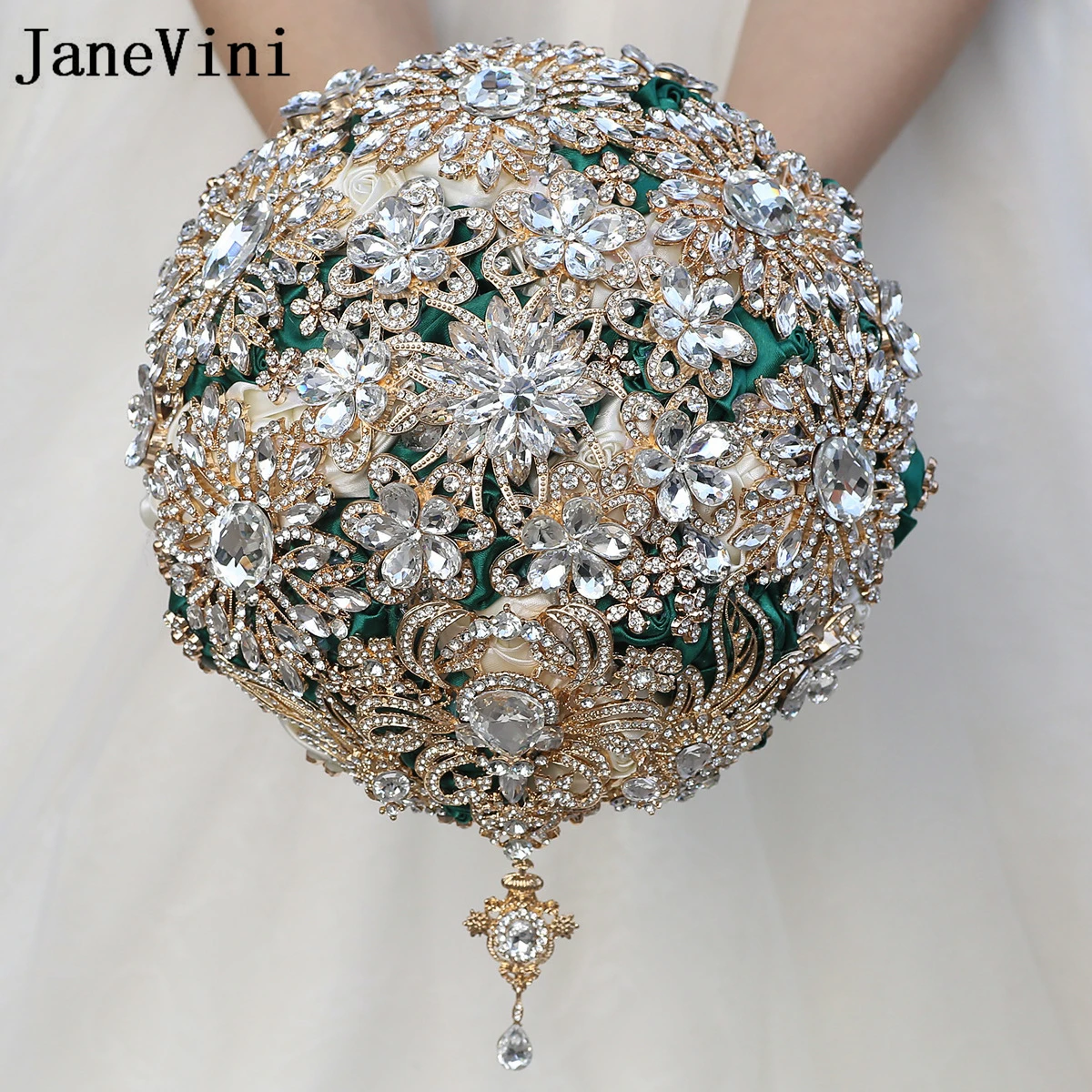 JaneVini Luxury Full Diamonds Bride Flowers Bouquet Gold Rhinestone Crystal Bridal Wedding Bouquets Custom Color Roses Slub 2025