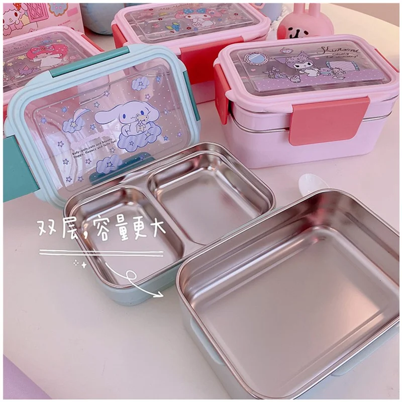 Cute Sanrio Kuromi Double-Layer Bento Lunch Box with Rice Stainless Steel Insulated Anti-Scald Compartment Cinnamoroll Tableware