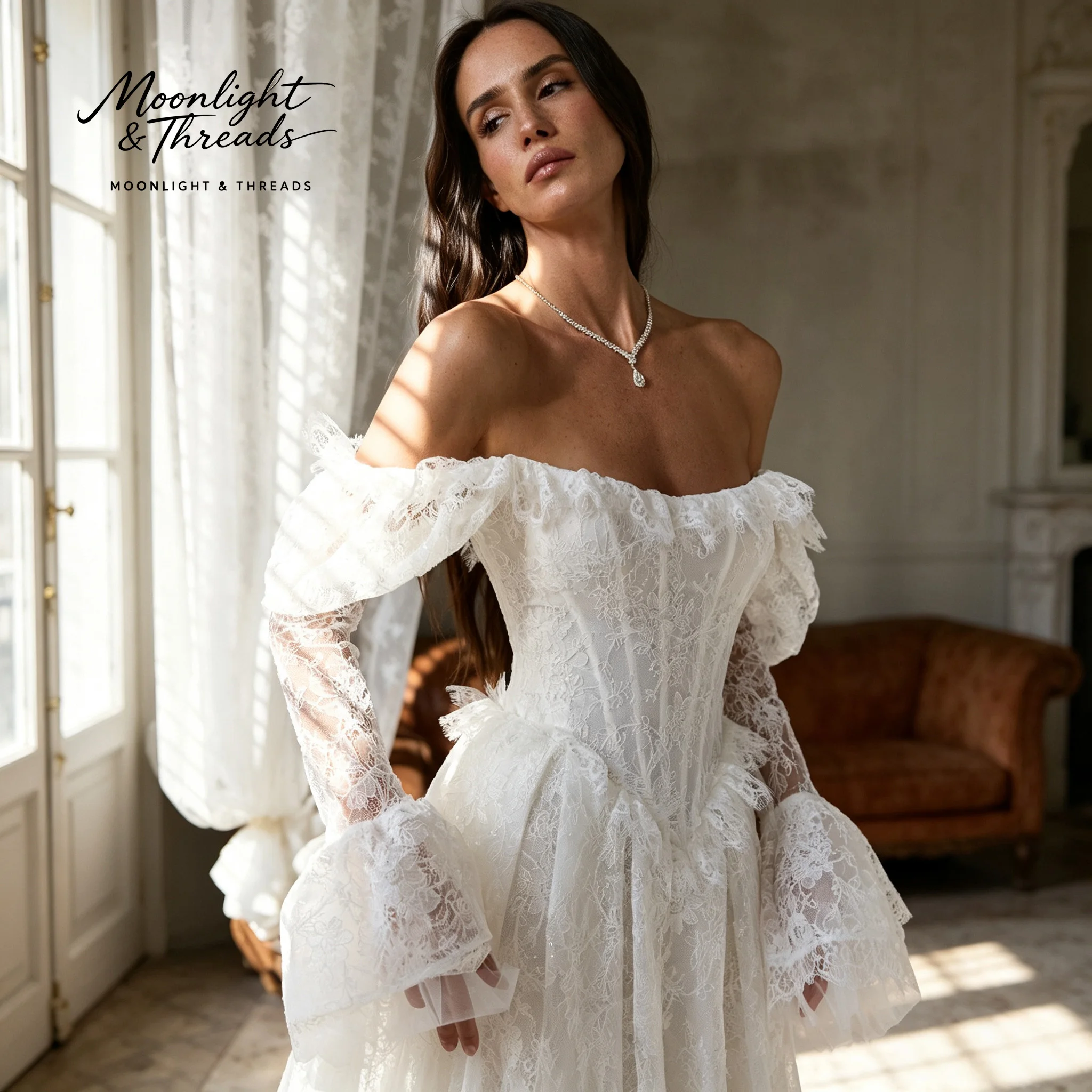 Ivory-White Plunging Sleeveless Fish-Tail Floor-Length Formal Wedding Dress with Sequin and Lace Design view 3