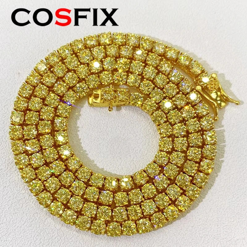 Hiphop 3-4mm Goldgelber Moissanit Tenniskette Armband Halskette S925 Silber Blauer Moissanit Diamant Link Halskette Geschenk