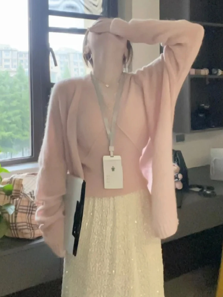 

Korean Sle Lazy Knitted Sweater Women's Pink Top Early Autumn Small Size High End Feeling Long Sve V Ne Color