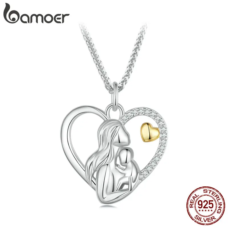 Bamoer 925 Sterling Silver Mother and Child Heart Pendant Necklace for Women Birthday Mother's Day Gift Fine Jewelry SCN498