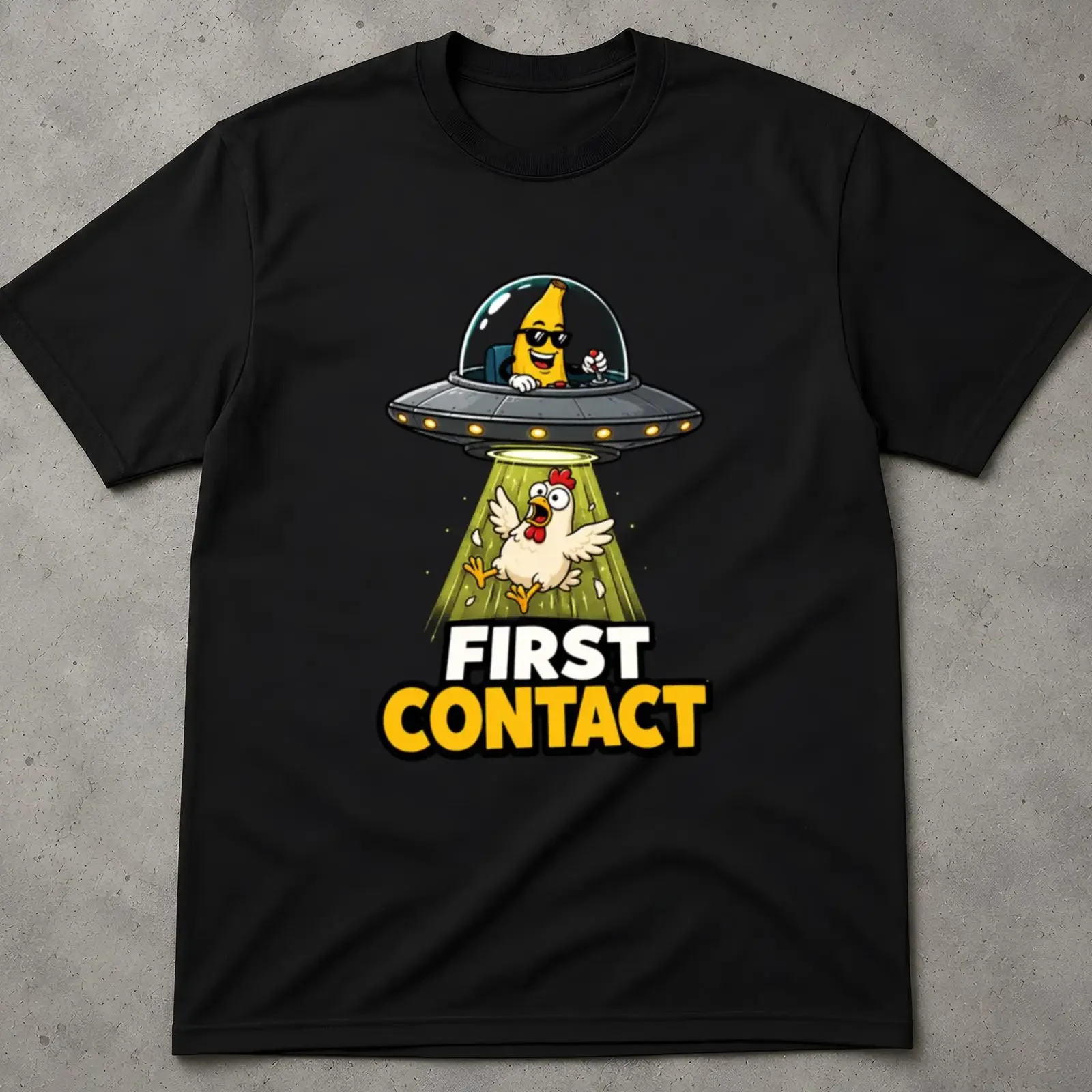 Funny First Contact UFO Banana Abduct Chicken T Shirt Weird Meme for Lovers Casual Humor  vintage Washed Top For Everyday Wear