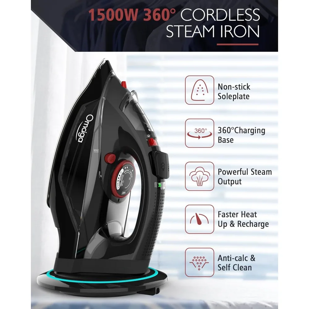 Cordless Iron, 1500W Cordless Iron with Steam - Cordless Iron for Clothes with 11.84oz Water Tank, Anti Drip Iron with Ceramic