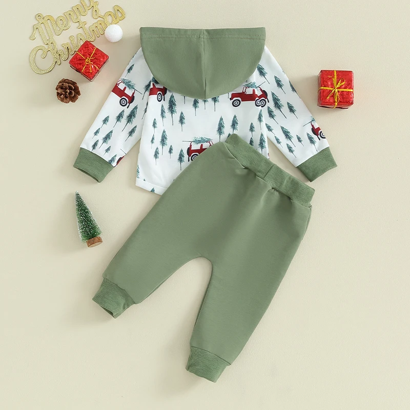 2023-10-06 Lioraitiin 0-3Y Newborn Baby Boys Christmas Clothes Sets Car Print Long Sleeve Hooded Sweatshirts Pocket Pants Outfit