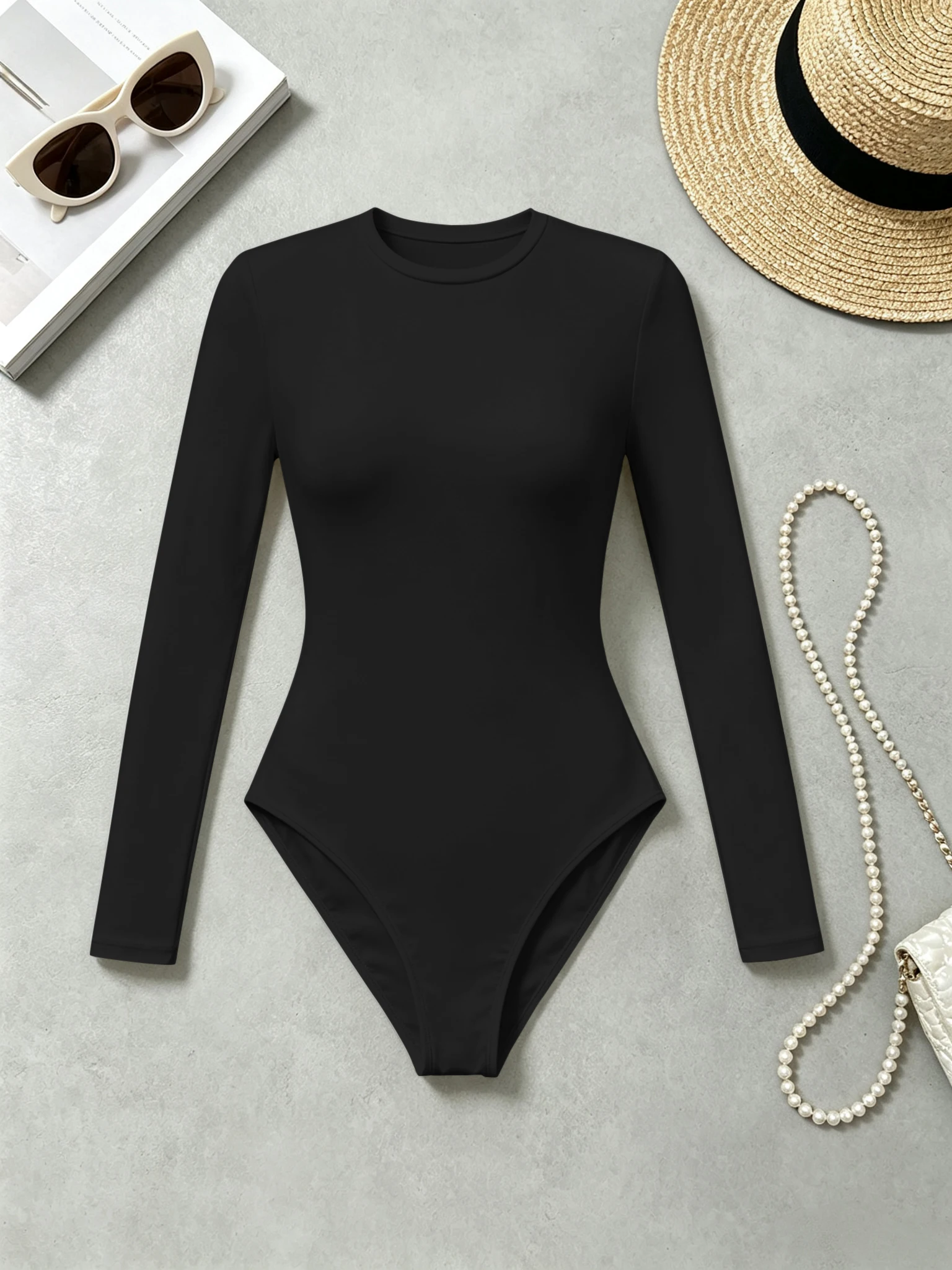 Damen-Bodysuit mit Rundhalsausschnitt und Langen Ärmeln, Schlanke Passform, Hochelastisch, Einfarbiger Casual-Jumpsuit für den Alltag – Detail 19