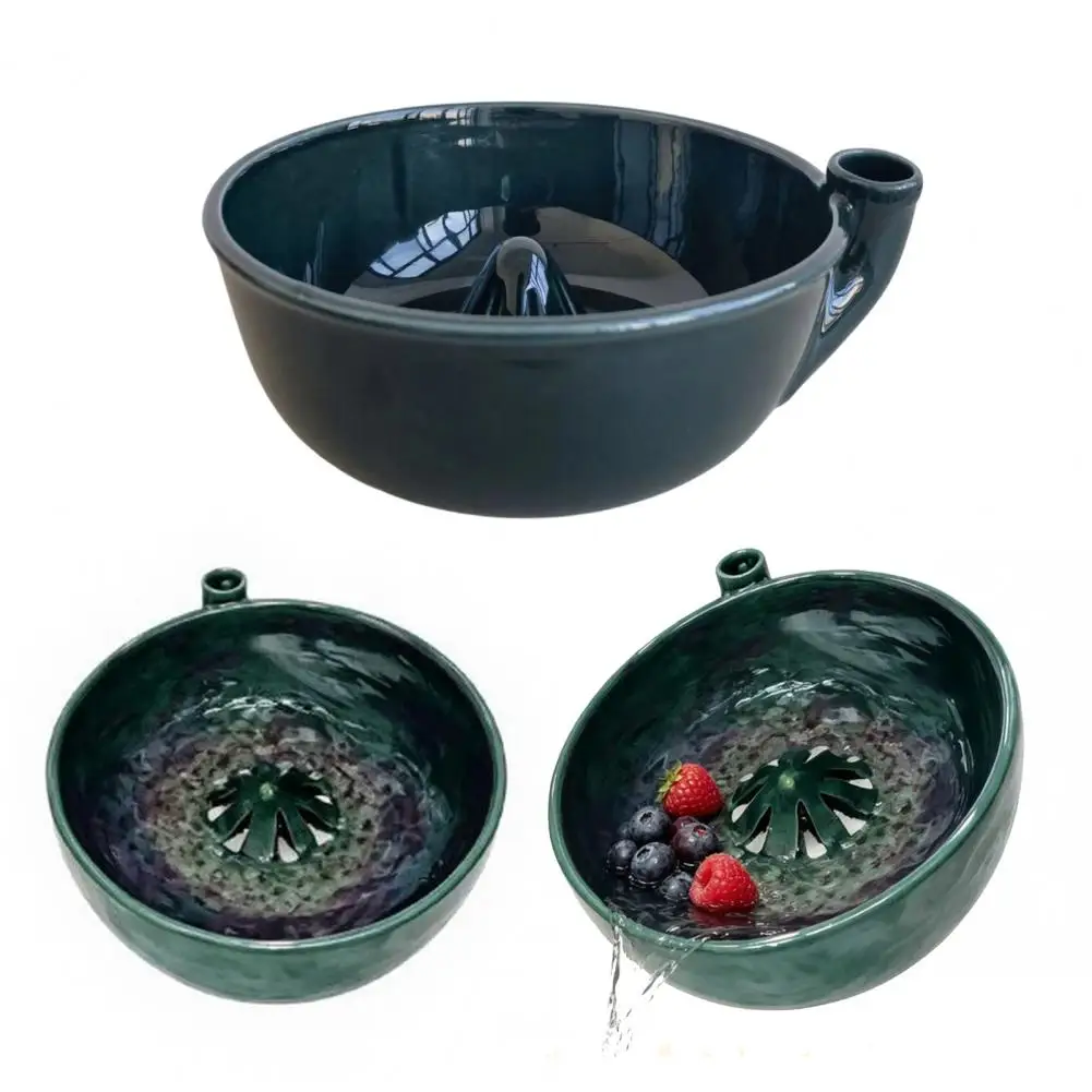 Wash Bowl Multi-use Kitchen Utensil Self Rinsing Ceramic Fruit Bowl with Hollow Drain Holes Vintage Brown Stoneware Berry