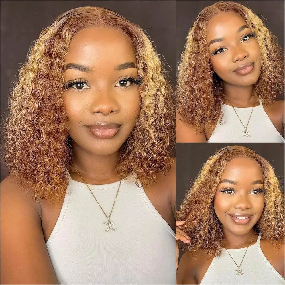 Perruque blonde miel 13x4 en cheveux humains # Perruque Lace Front Ombrée 4/27 Cheveux Humains 22 Pouces Bouclée Crépue Courte Colorée pour Femmes