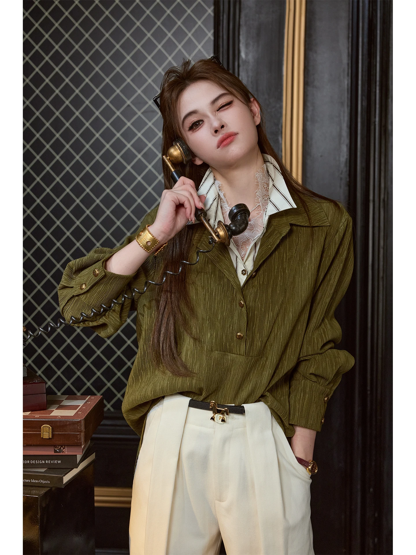 

TUNT Autumn Winter Lace Removed Ordinary False Tee-Piece Design Sense irt Women's Loose Fit Long Sve Button up Top
