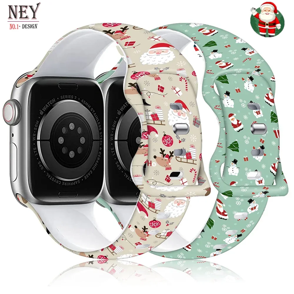 Christmas Band For Apple Watch strap 44mm 45mm Ultra 2 49mm 41mm 40mm Printed silicone bracelet iWatch Series10 9 8 7 6 5 4 3 SE