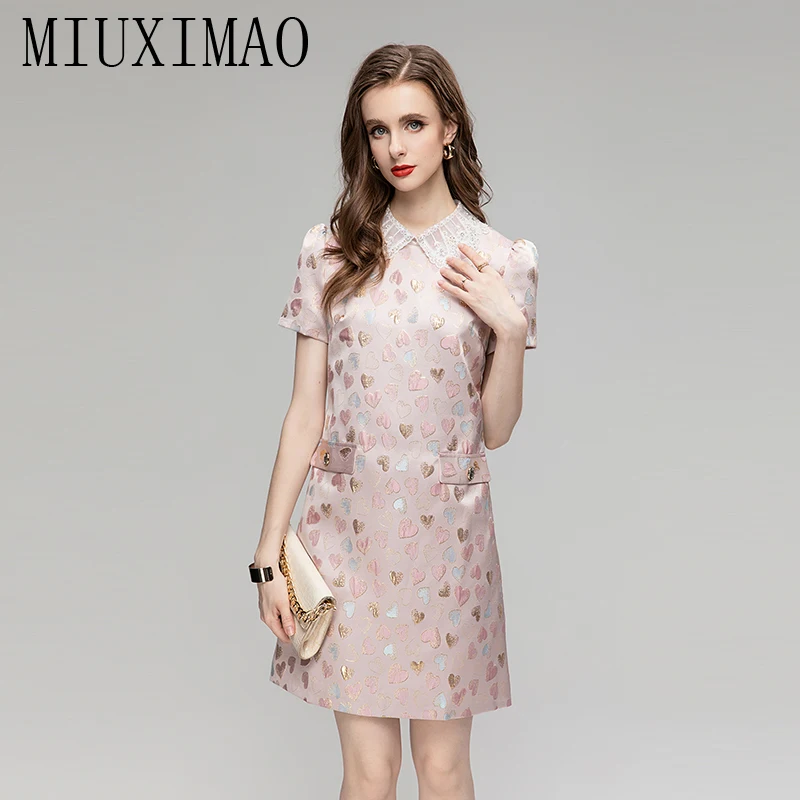 

MIUXIMAO 2023 Fall Dress Fashion Slim Short Sleeve Heart Jacquard Diamond Collar Tank Dress Women Vestidos Mini Dress