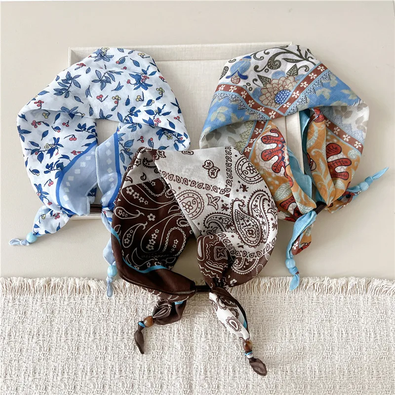 Print Floral Triangle Scarves Headscarf Adjustable Scarf Neckerchief Neck Ornament Wraps Ribbon Band Decoration for Women