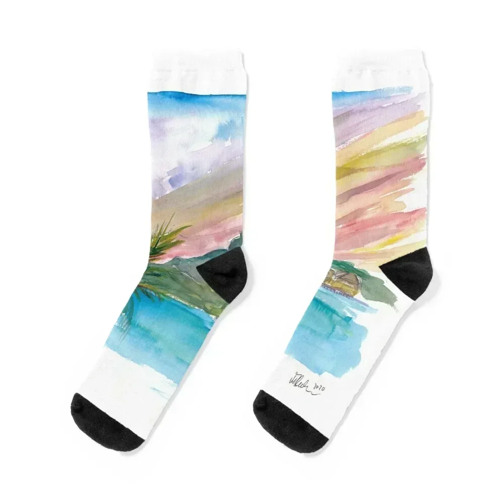

Tahiti Polynesian Dreams with Huts And Mountains Socks cotton gift cute golf Socks Girl Men's