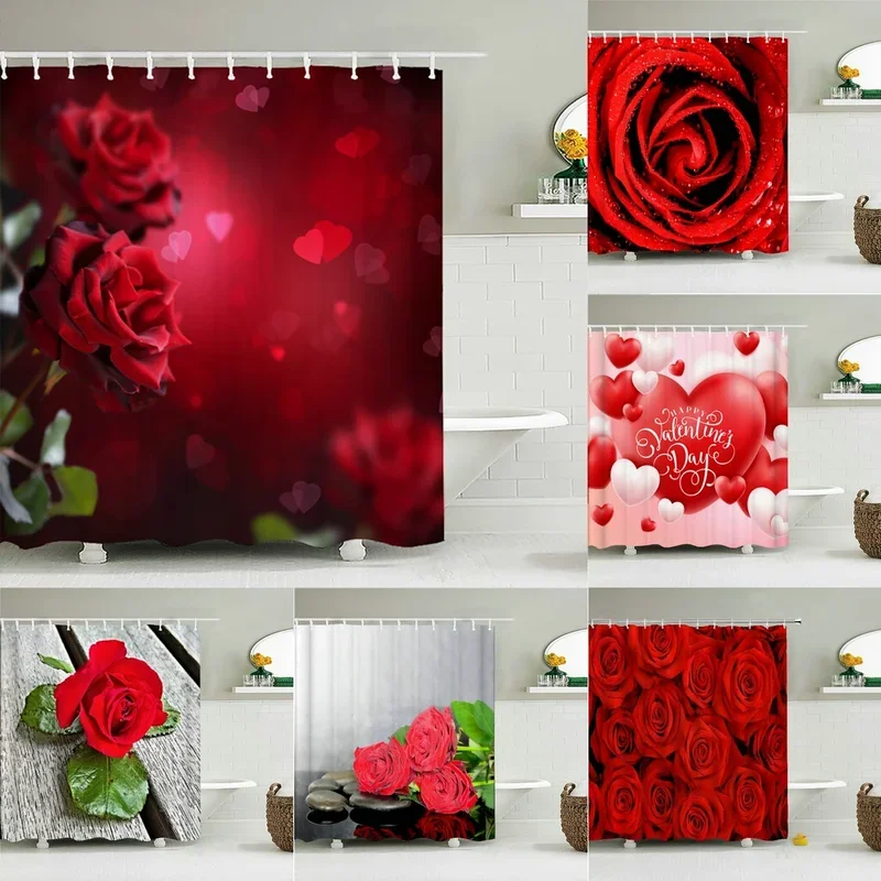 3D Red Rose Plants Flowers Bathroom Curtain Love Romance Bath Curtain Waterproof Fabric Shower Curtains Decor 240X180 With Hooks