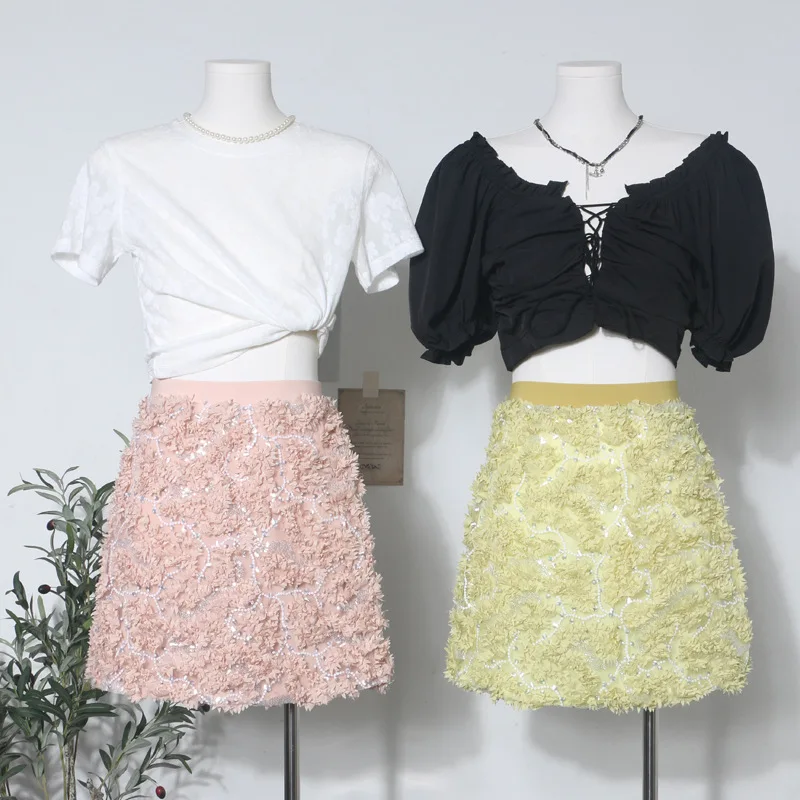 3d Flower Mesh Sequined Elastic Waist Skirt Women's Summer New A-word Hip Skirt
