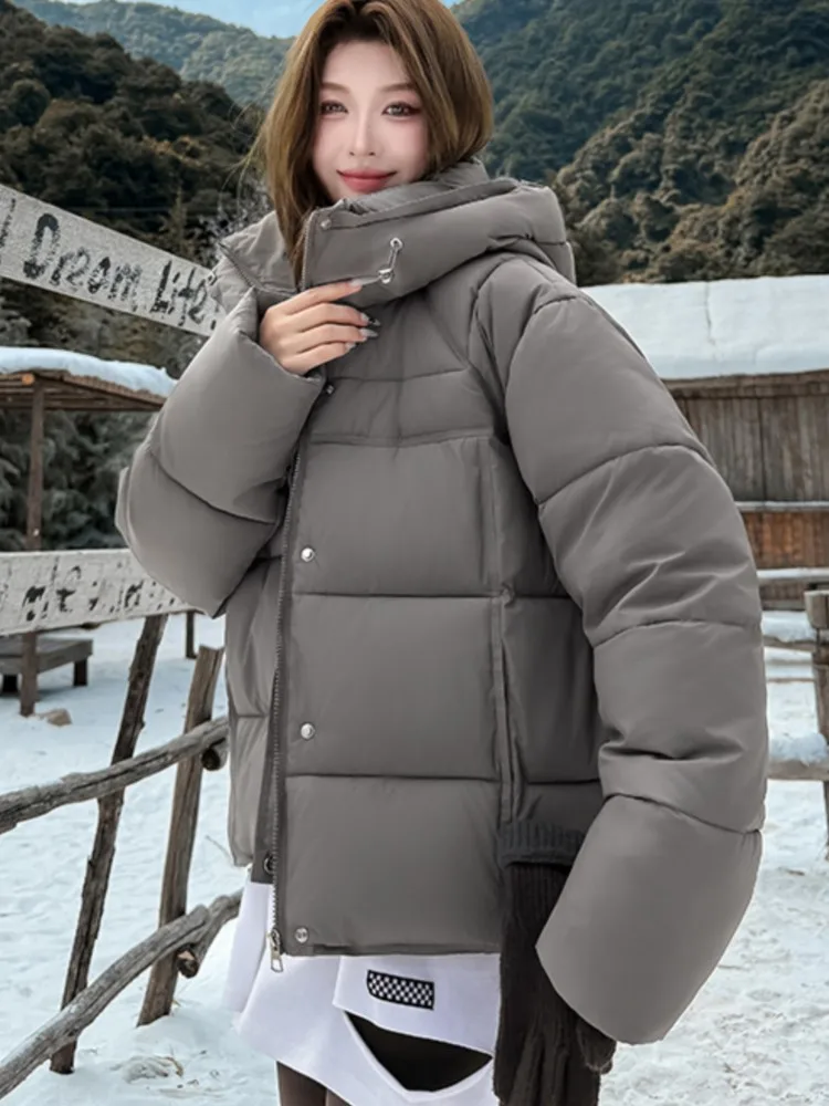 Casual Fashion Warm Padded Puffer Coat For Woman Winter Zipper Pockets Hooded Loose Long Sleeve Outerwear Basic Mujer Clothes