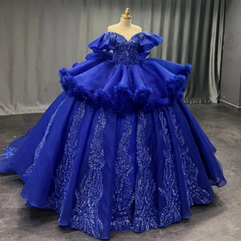 

Королевское синее блестящее платье Quinceanera, бальное платье с открытыми плечами, аппликация из бисера, тюлевое платье для вечеринки, дня рождения, сладкое платье 16, Vestidos 15