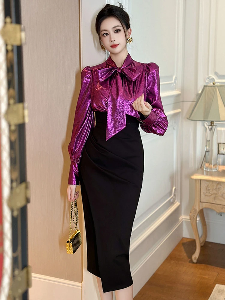 Abiti da cerimonia per occasioni formali stile lavoro da donna alla moda Abiti da donna eleganti per pendolari in ufficio chic con maniche a lanterna e avvolgenti sottili