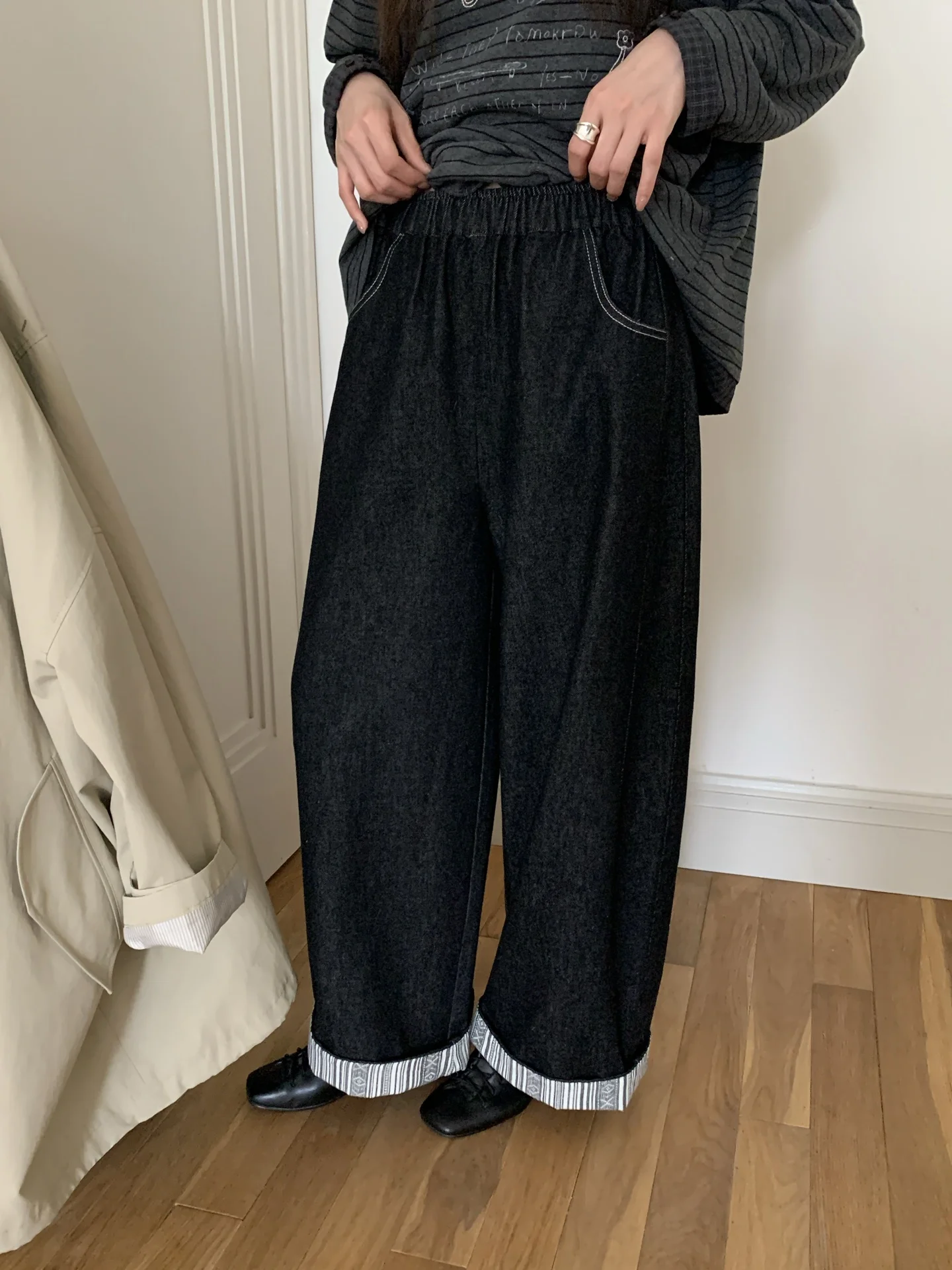 

Женские осенние универсальные джинсы свободного кроя с полосками и цветовыми блоками, прямые, с манжетами, с высокой талией, повседневные, стройнящие брюки