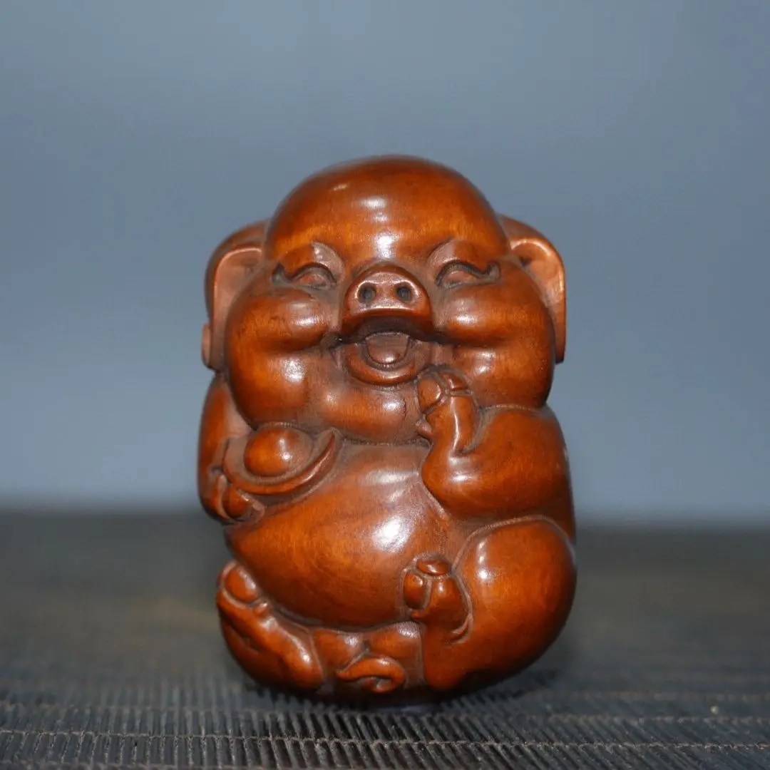 Hand Carved Wood grinning pig Statue Figurine Desktop Ornaments Home Decoration Crafts Tea Pet Decor