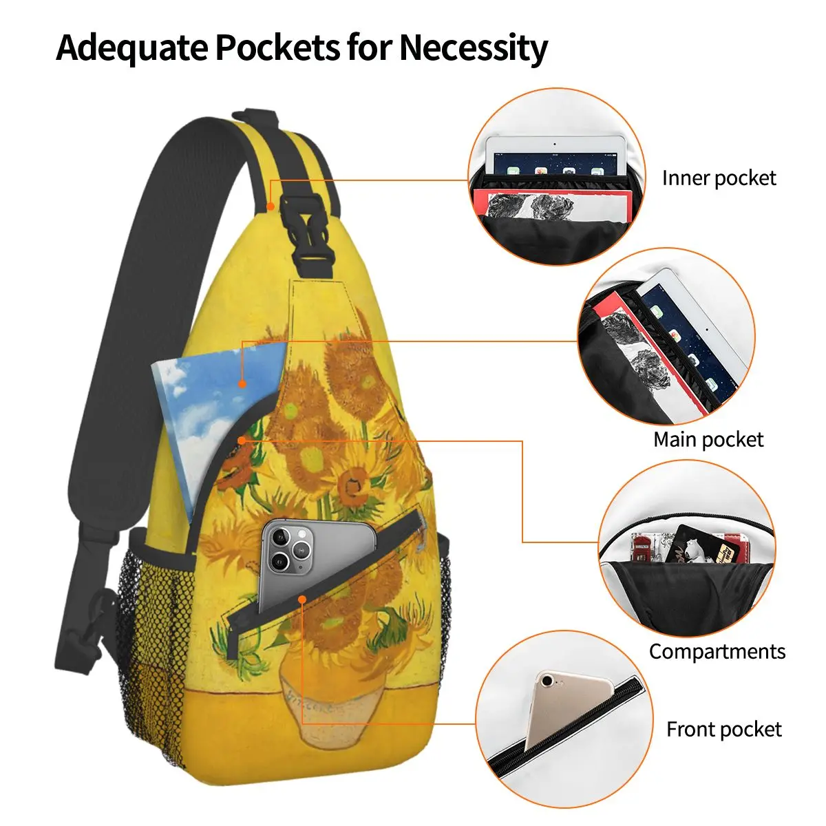 Vincent Van Gogh Sunflowers Crossbody Sling Bags Printed Chest Bag art Shoulder Backpack Daypack for Hiking Outdoor Travel Bag