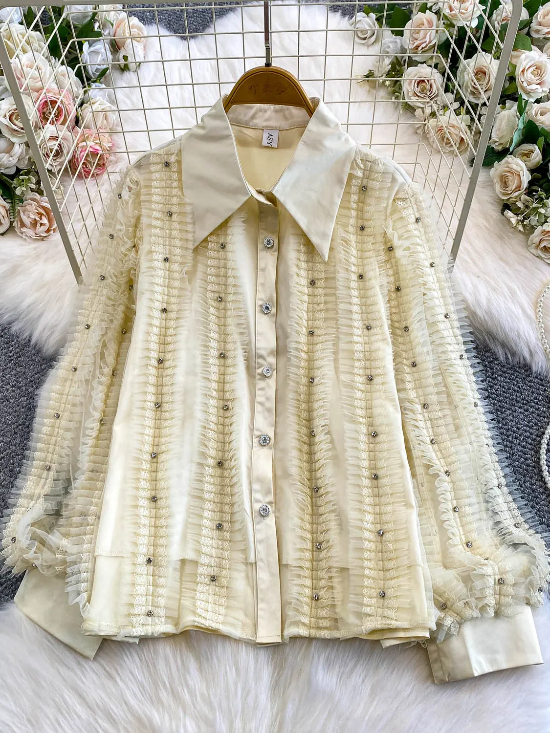 

Court Style Lantern Sleeve Shirt Women's Fashion Mesh Splice Diamond Embellished Button up Top Age Defying Loose Fit Long Sleeve