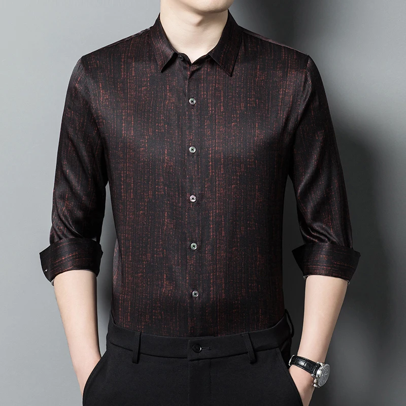 

Coolness Satin Luxury Shirts For Men Long Sleeve Vintage Print Summer Quality Silk 90.9% Skin-Friendly Classic Camisas De Hombre