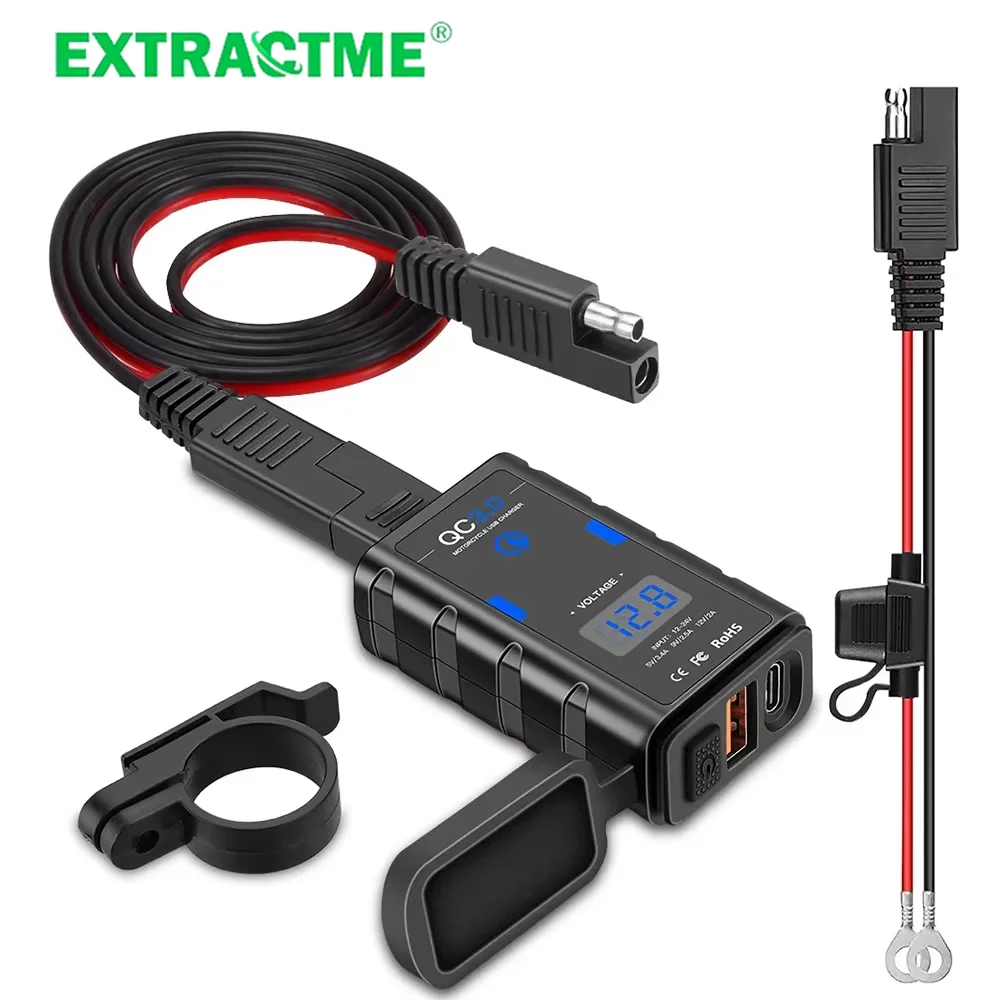 Extractme QC3.0 Type-C 12V USB Motorcycle Charger Cell Phone Charger for Motorcycle Waterproof 24V USB Socket for Motorcycle