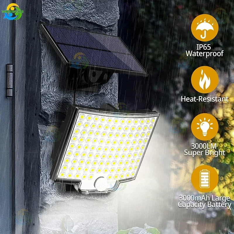 Outdoor Super Bright Motion Sensor Solar Light, 188 LED, Lâmpada de parede do jardim, IP65 impermeável, 4 modos de trabalho, Upgrade