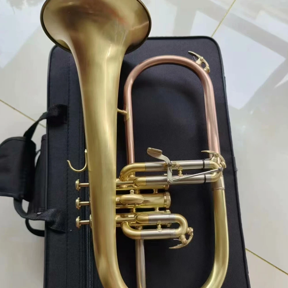 Professional B-flat antique copper brushed flugelhorn American craft manufacturing two-color brass instrument with accessories