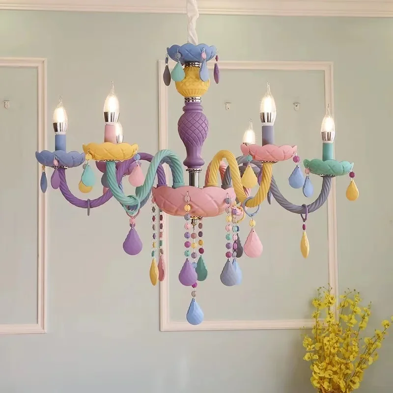 

Crystal macaron chandelier bedroom lamp girl princess room Nordic eye-protecting colored children's room lighting