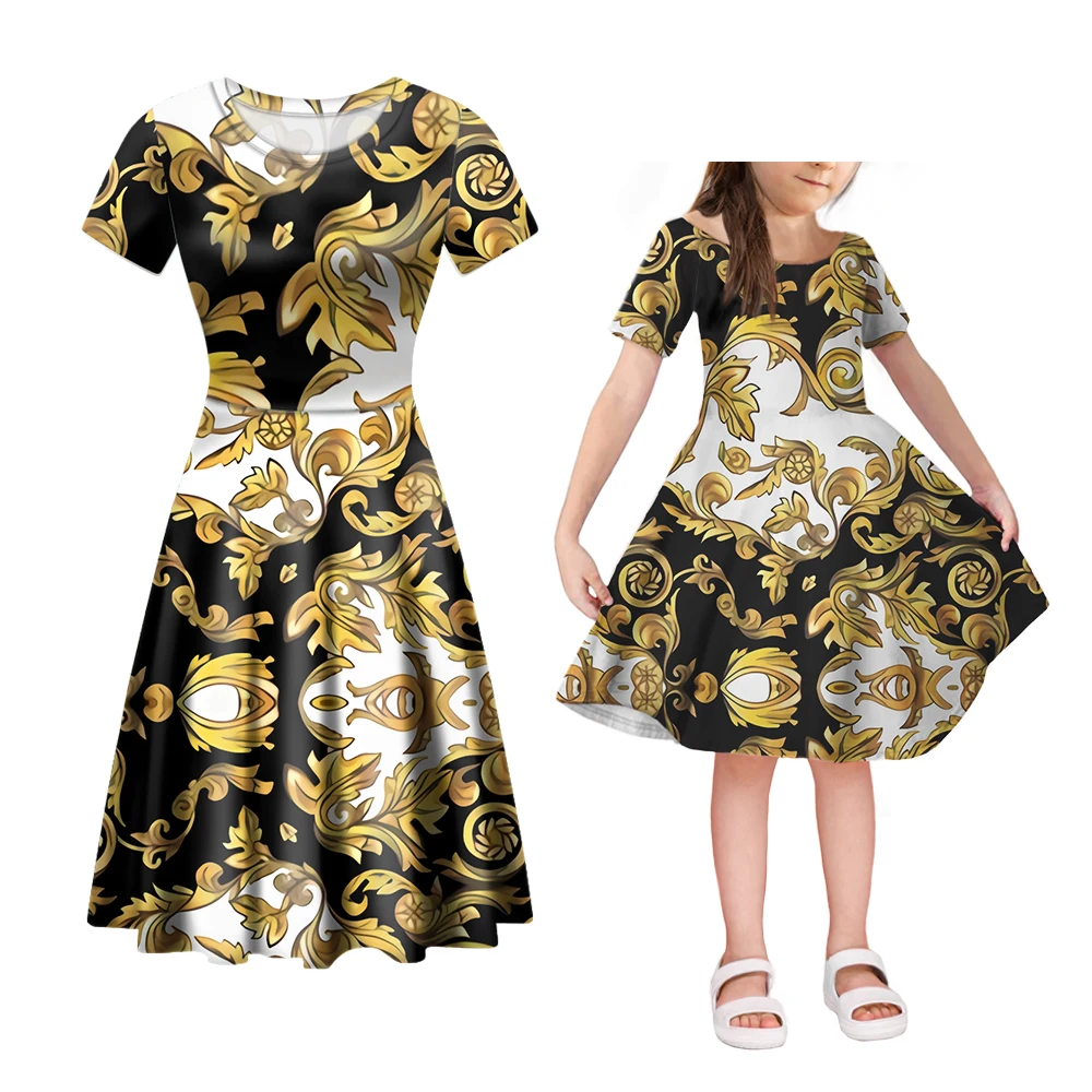 

Noisydesigns Women Golden Baroque Pattern Luxury Flower Mom And Daughter Casual Short Dress Family Party Parent-Child Outfits