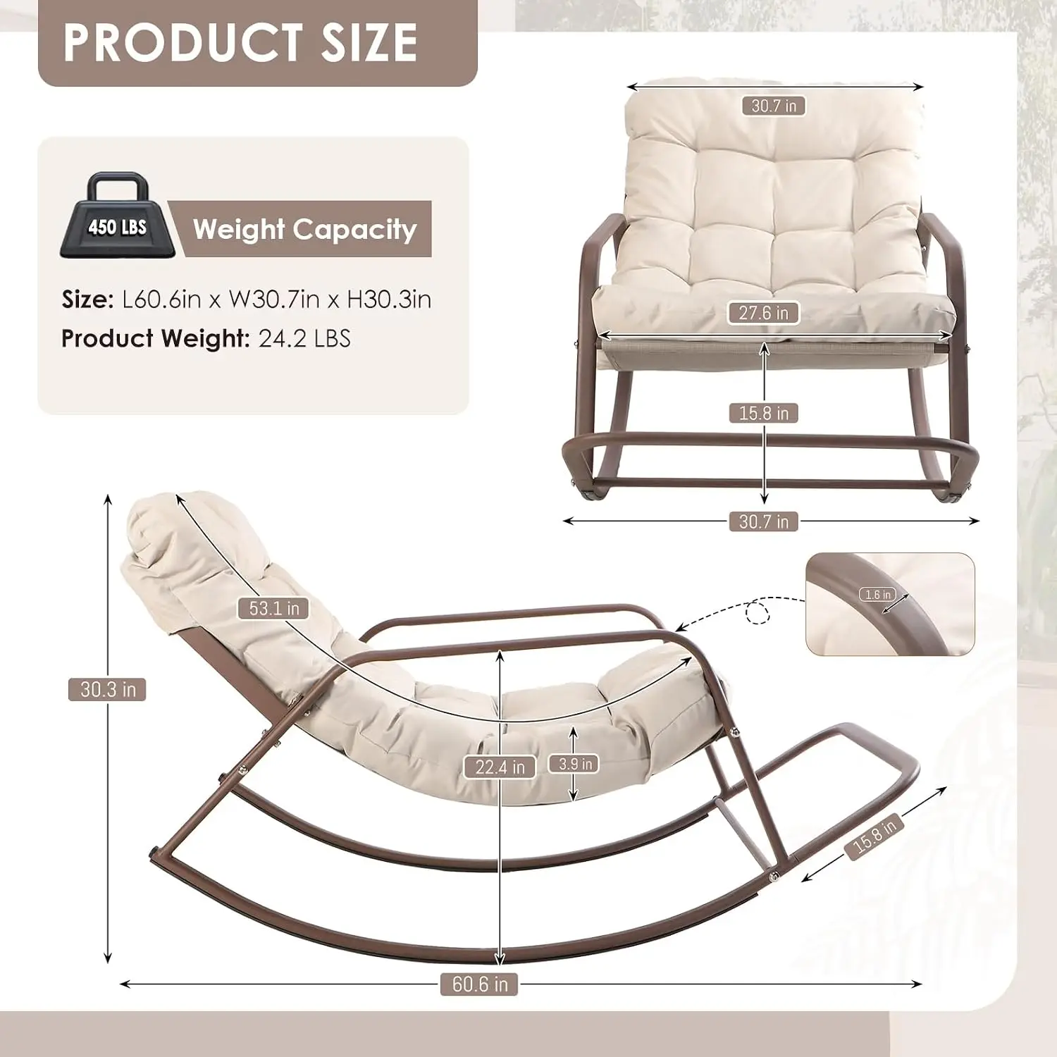 2pcs Outdoor Rocking Lounge Chair with Footrest, Padded Cushion Heavy Duty All-Weather Recliner for Reading Napping, Customized