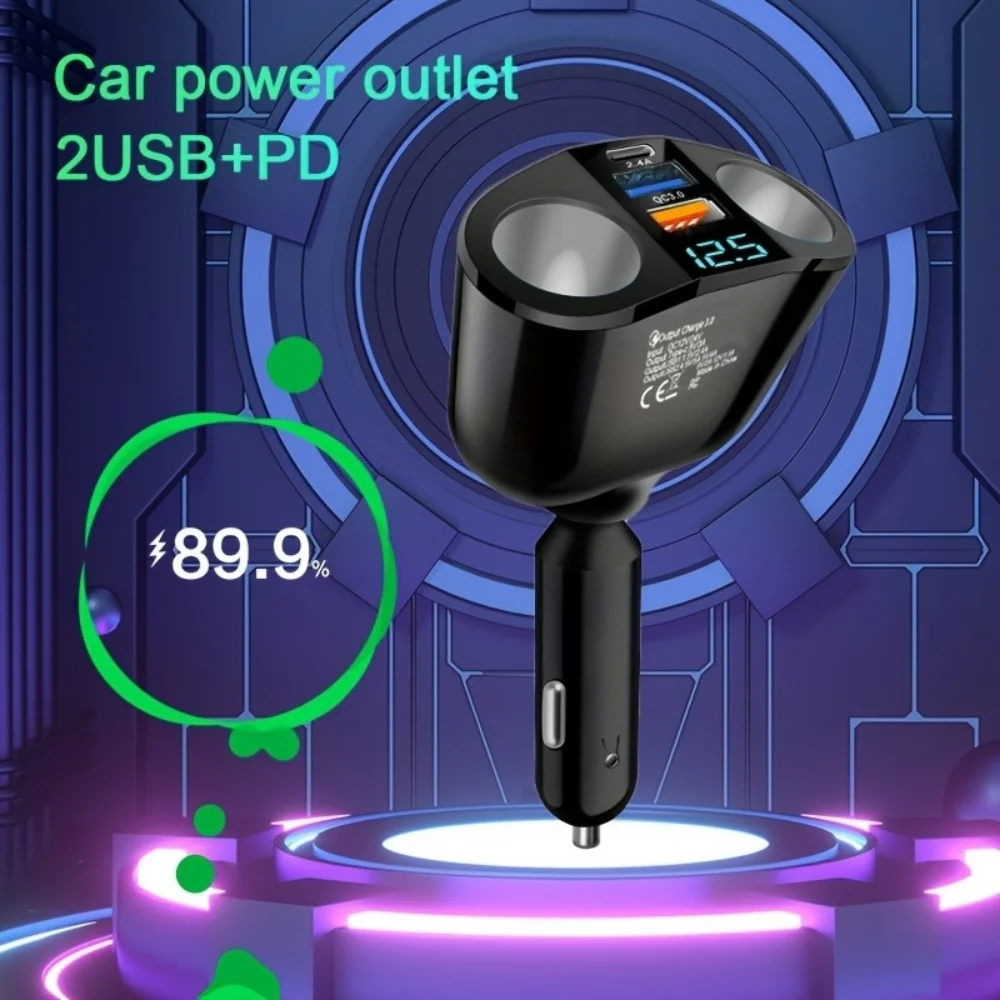 3 Ports Car Charger Adapter with Digital Display Type C For iPhone Samsung Xiaomi Multi Devices Simultaneous Fast Charging