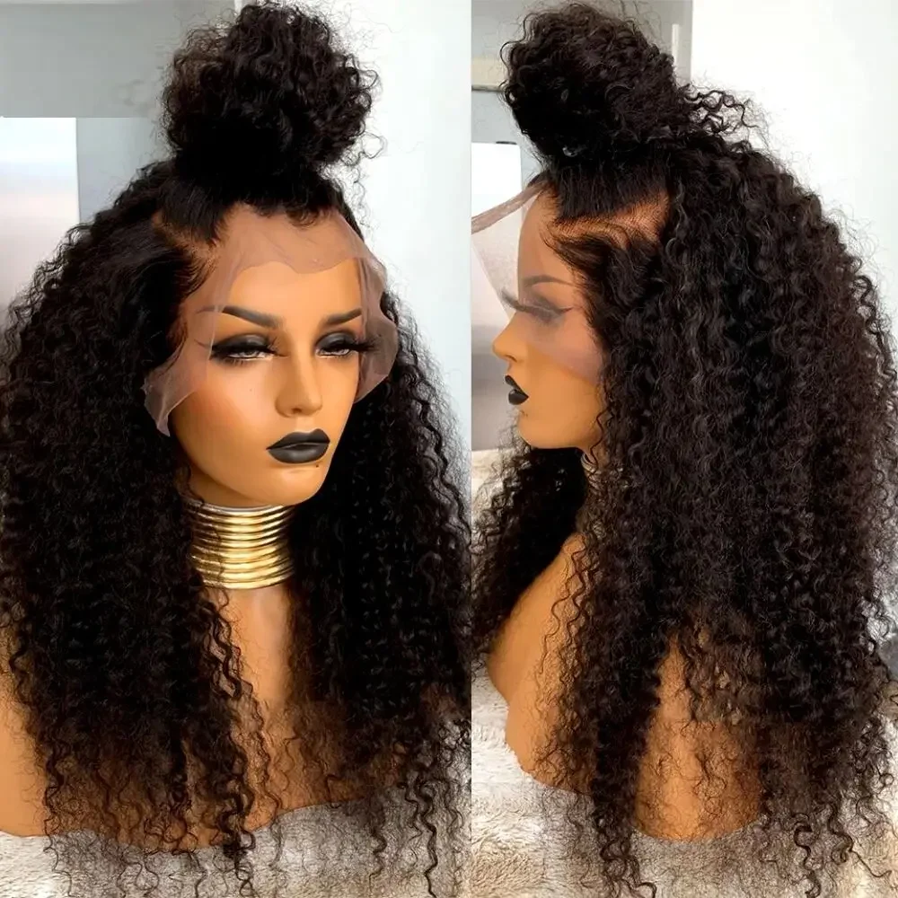 Peluca rizada con malla frontal para mujeres negras, pelo de bebé, resistente al calor, 26 pulgadas, 180% de densidad, color negro, sin pegamento, uso diario